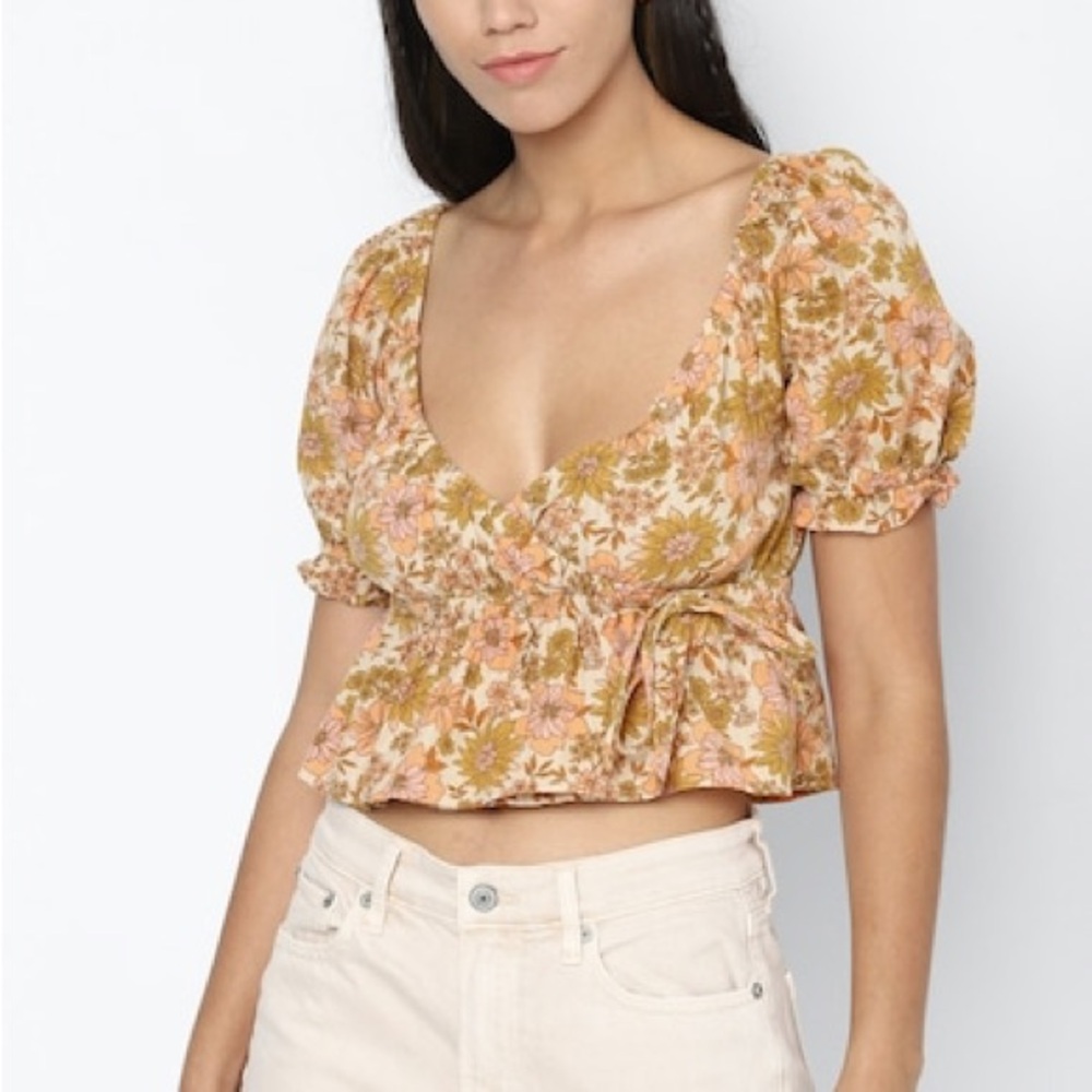 American Eagle Women’s Brown Floral Wrap Babydoll Blouse Sz XL